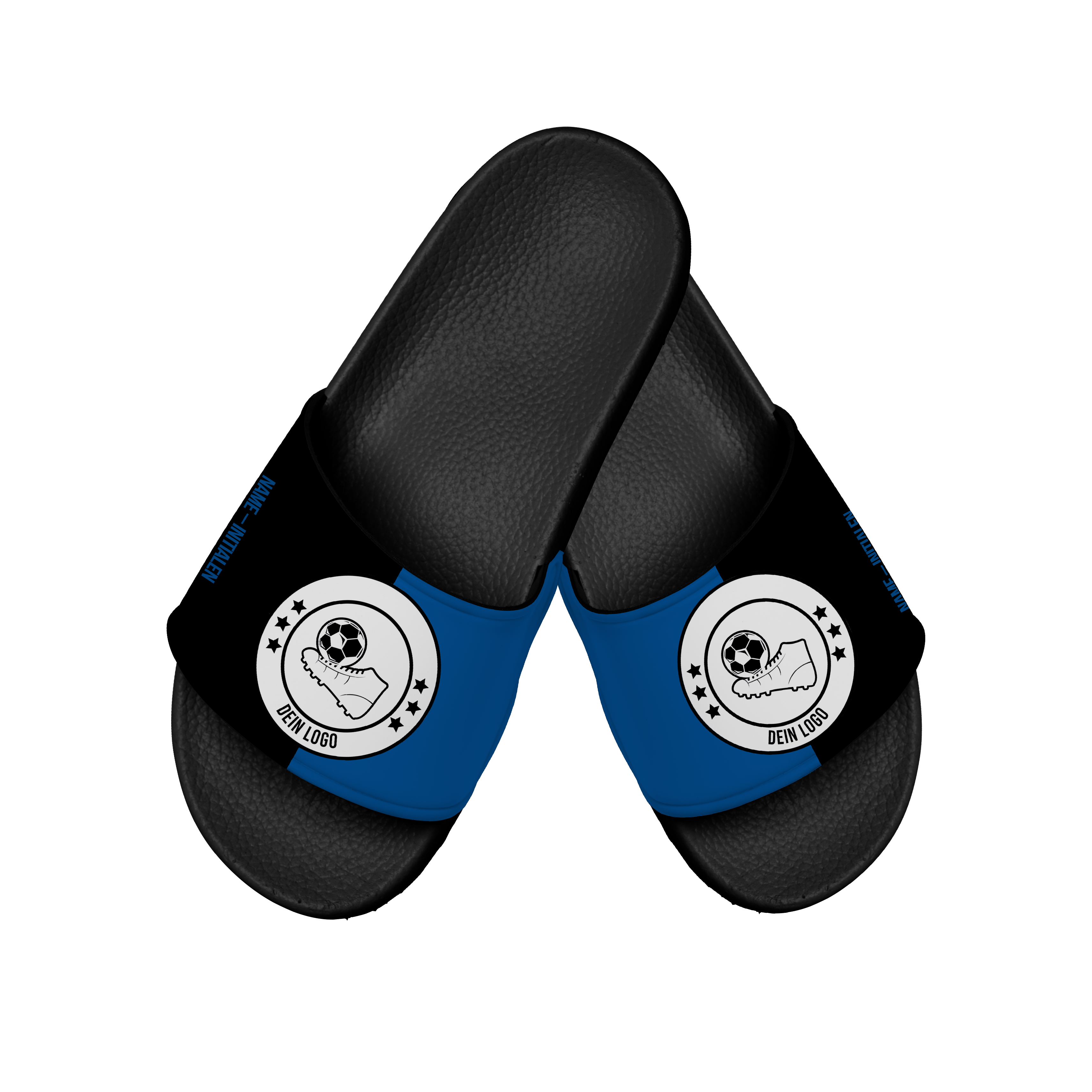 Badelatsche Teamsport Design "Halbzeit" Schwarz - Blaue oder Weiß-Blaue Oberlasche